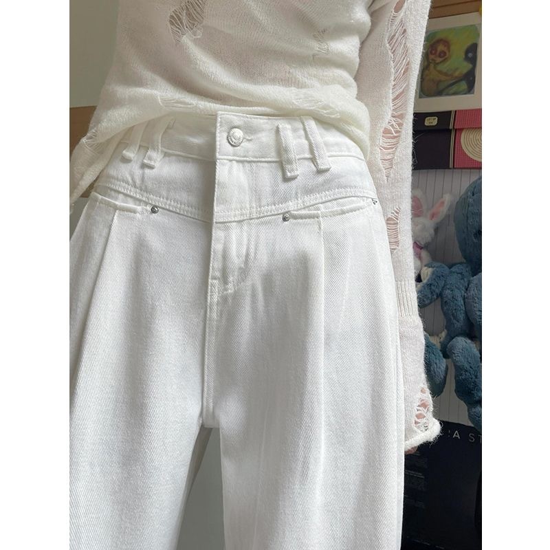 Ready stock~White wide-leg jeans for women, high-waisted, slim design, loose straight-leg floor mopping pants