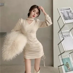 Light Luxury Neckless Long Sleeve Dress for Women, Spring and Autumn Style, Korean Version, Elegant, High-waisted Drawstring Sexy Base Layer, Bum-miniskirt for Winter