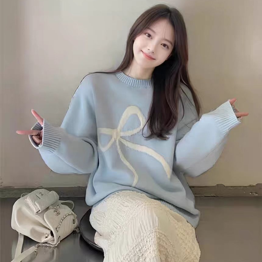 軟糯蝴蝶結毛衣女秋冬韓系套頭圓領百搭寬鬆慵懶風針織衫上衣