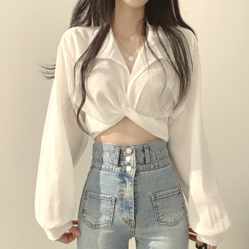 French chic summer French niche design back tie bow knot exposed navel short shirt top for women