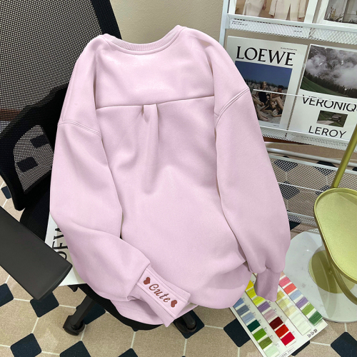 Real shot of Chinese cotton composite true super plus velvet sweatshirt for women winter 2024 trendy round neck thermal tops large size women's 200 pounds