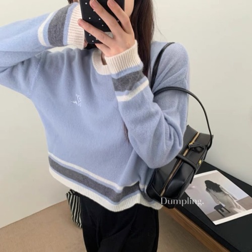 Puppy embroidered contrasting color round neck long-sleeved sweater 2024 early autumn new Korean style loose pullover short top for women