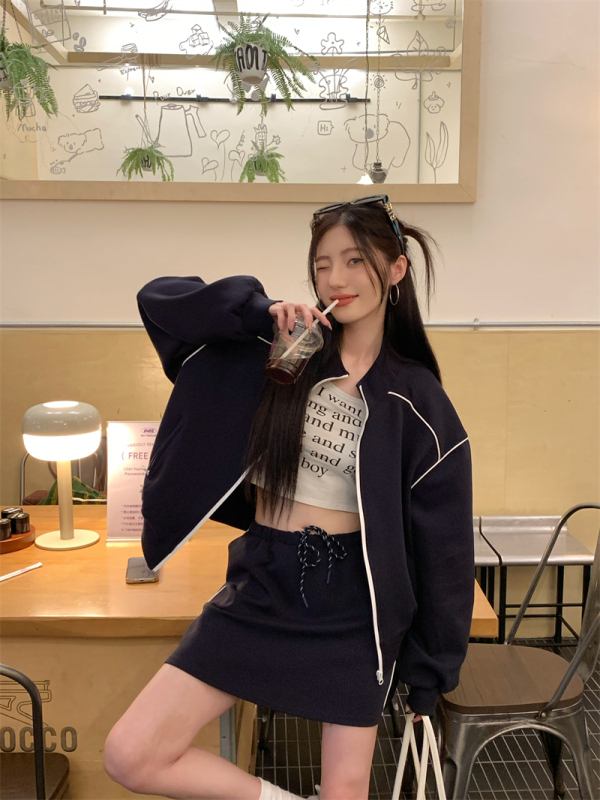 Autumn Korean fashion age-reducing college casual sports jacket + elastic waist skirt suit