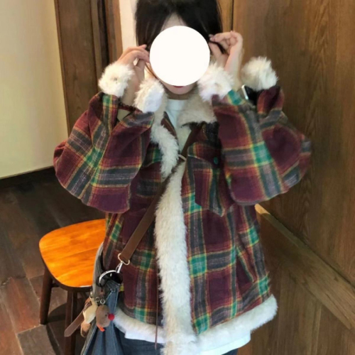 Ins Internet celebrity American retro vintage plaid splicing lamb wool cotton jacket women's winter sweet and cool cotton jacket trendy