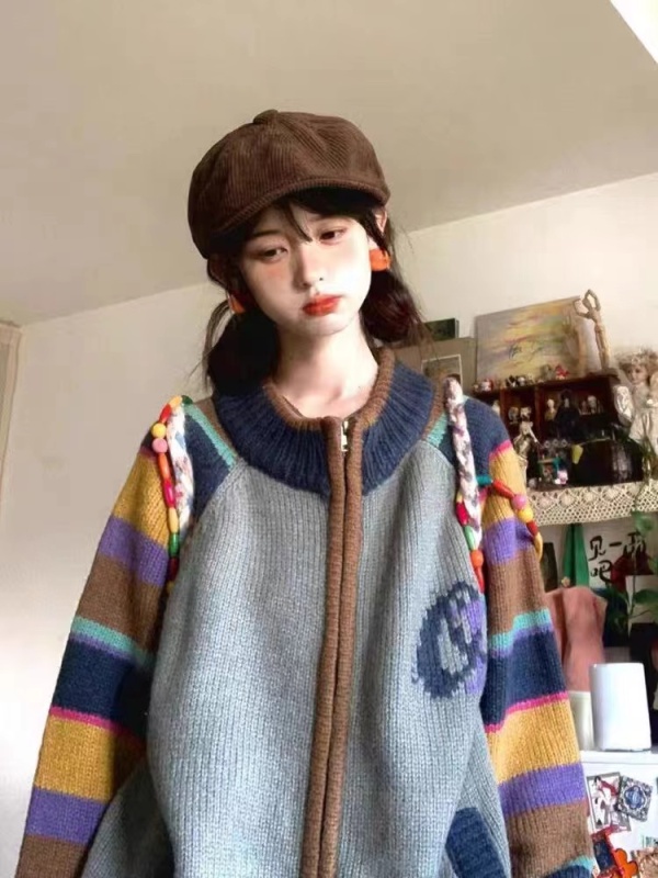 American retro contrast color striped sweater for women, lazy autumn and winter new style knitted cardigan, design zipper loose jacket