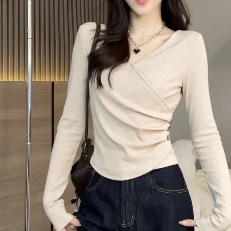 Plus size autumn new fashion solid color versatile design slim slim western style long-sleeved top