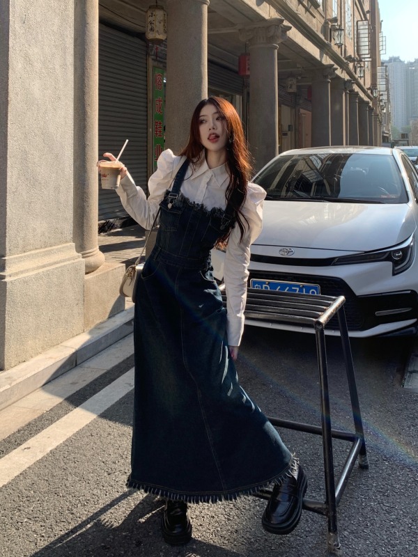 Plus size women's denim suspender tube top dress + puff sleeves stacked long-sleeved shirt two-piece set