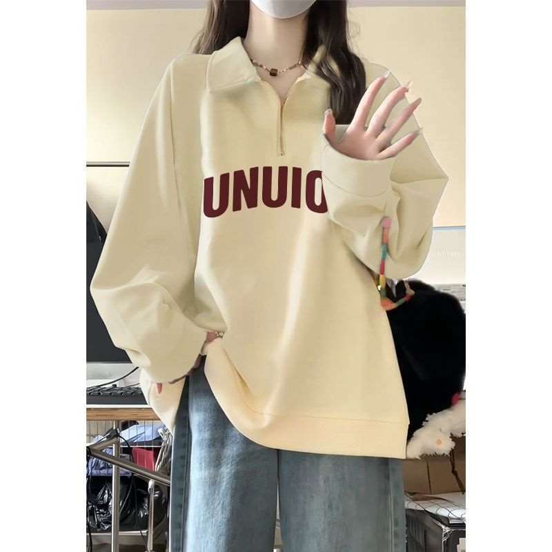Half zipper apricot polo collar sweatshirt for women spring and autumn new dopamine loose pullover top jacket