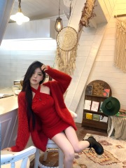 Photographed Soft and Chewy Knit Cardigan, Crocheted Neck Dress, Off-the-Shoulder Set