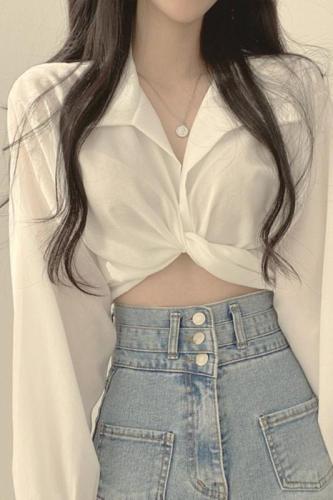 French chic summer French niche design back tie bow knot exposed navel short shirt top for women