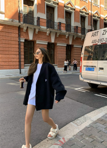 South Korea's Dongdaemun new retro lazy loose long-sleeved knitted cardigan letter embroidered sweater jacket for women