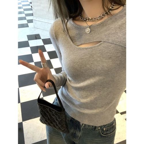 European right shoulder small slim bottoming shirt for women with autumn and winter design niche slim long-sleeved T-shirt top