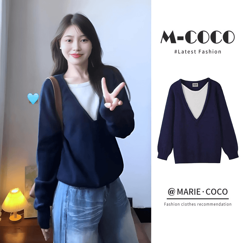 Navy v-neck splicing fake two-piece sweater for women in spring, autumn, autumn and winter design niche inner sweater top