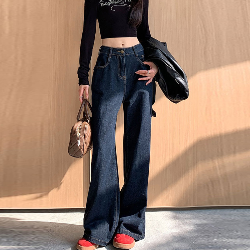 Actual shot 2024 best-selling retro high-waisted straight-leg wide-leg pants for women loose dark blue denim floor-length pants