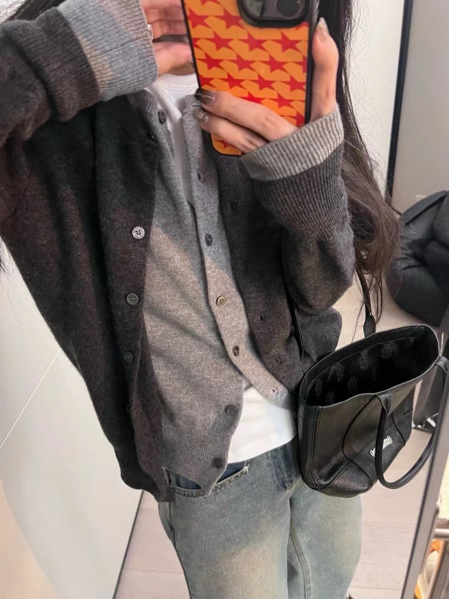 灰色假兩件針織開衫毛衣外套女春季圓領修身百搭設計感拼接上衣