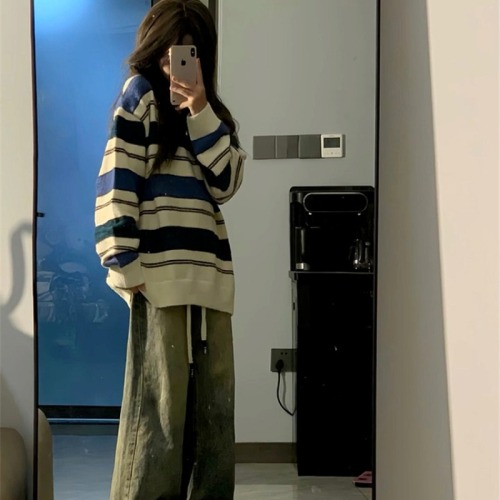 Japanese retro striped soft waxy sweater for women in autumn loose college style advanced relaxed casual knitted top fashion