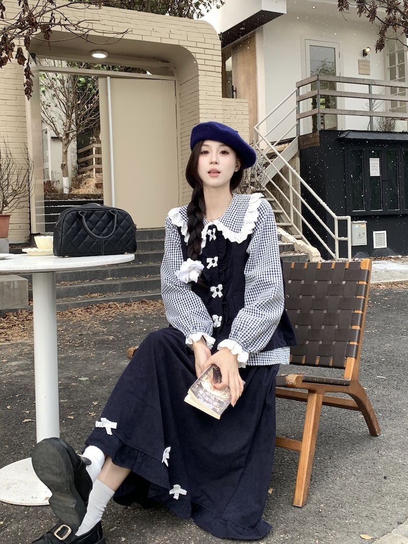 Real shot ~ Retro style vest and shirt set with brushed fabric, sweet Japanese style, age-reducing corduroy suit for women 