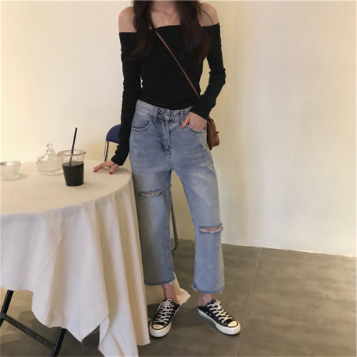 Threaded one-shoulder top for women, autumn design, niche short T-shirt, hot girl long-sleeved bottoming shirt