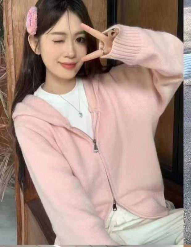 Korean style hooded double zipper knitted bottoming shirt women's short autumn and winter new waist casual sweater cardigan jacket