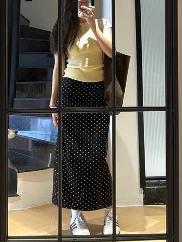 In stock black polka dot casual skirt large size high waist slim mid-length a-line skirt