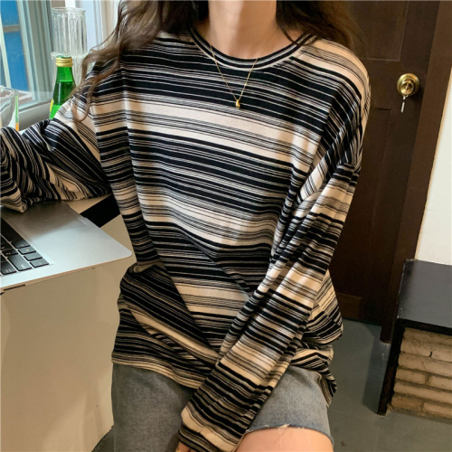 Milk Silk Striped Round Neck Long Sleeve T-Shirt Women's Autumn Design Loose