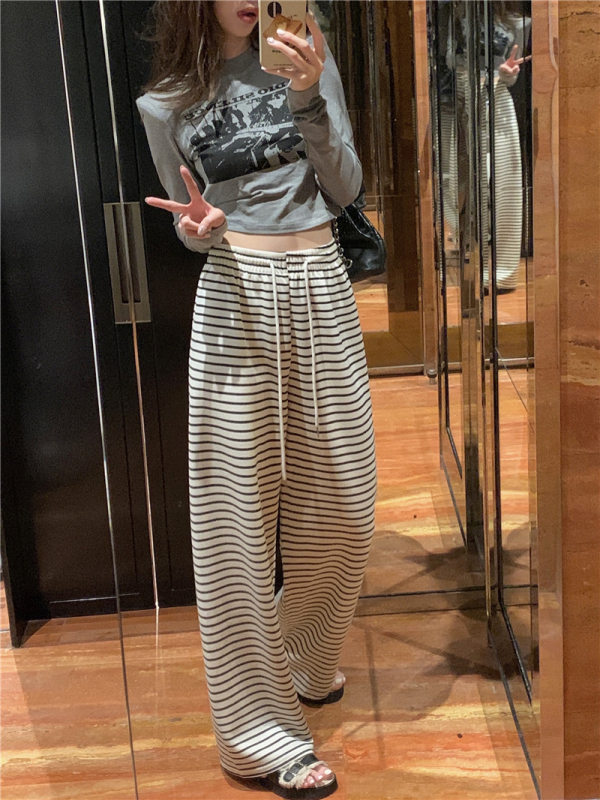 Casual and versatile loose striped drawstring wide-leg trousers