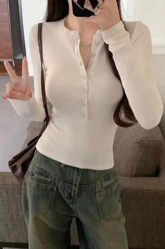 American half open collar right shoulder mid-sleeve T-shirt for women 2024 new hot girl chic slim fit top