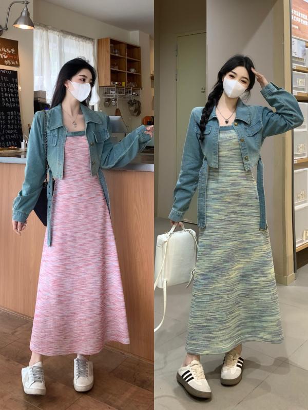 Large size fashionable retro outer denim short jacket + suspender skirt suit new striped dress
