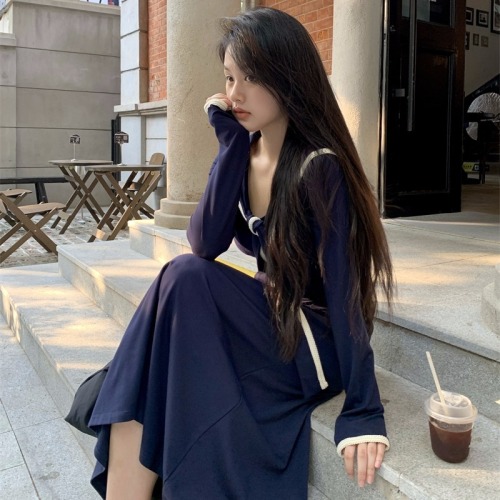 Contrast color navy collar dress, preppy style waist slimming long sleeve a-line dress for women