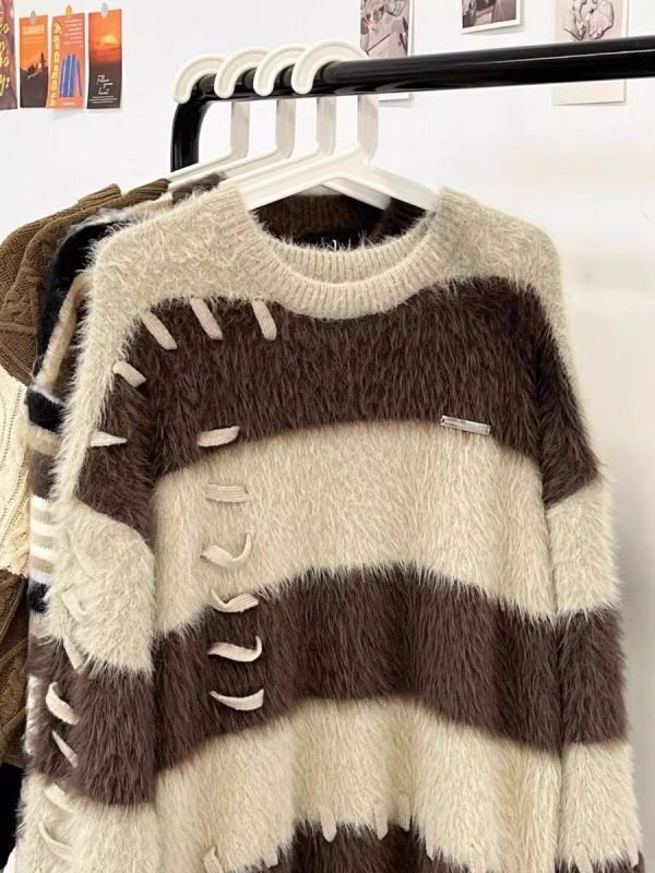 Imitation mink#soft waxy imitation mink velvet striped contrast sweater for women in autumn and winter loose design thickened sweater top