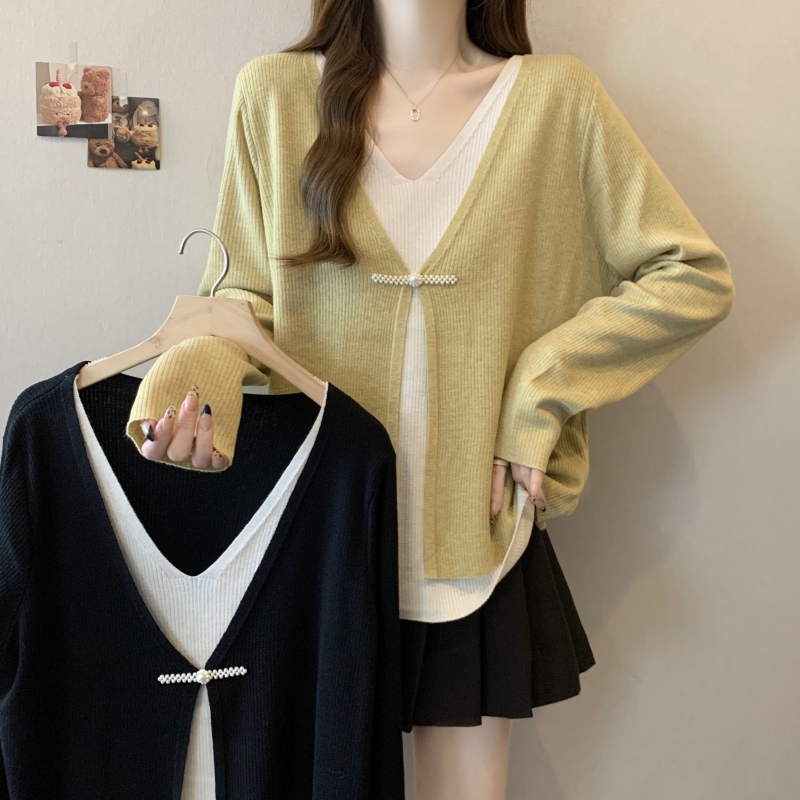 Fat girl large size V-neck Chinese style fake two-piece loose slimming sweater top