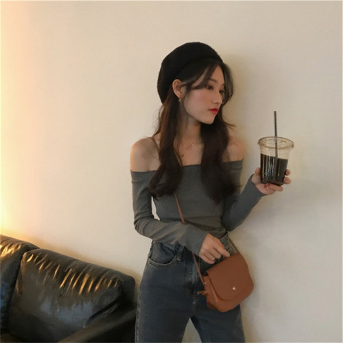 Threaded one-shoulder top for women, autumn design, niche short T-shirt, hot girl long-sleeved bottoming shirt