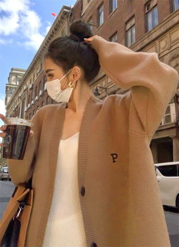 South Korea's Dongdaemun new retro lazy loose long-sleeved knitted cardigan letter embroidered sweater jacket for women