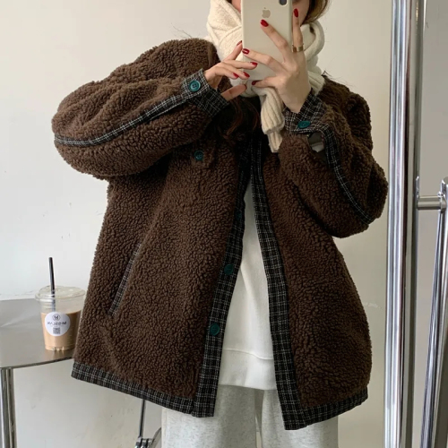 Imitation lamb wool coat for women, retro plaid splicing, autumn and winter new Korean style loose double layer thickened cotton top