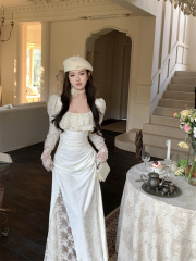 Photographed Snow Country Girl Lace Long-Sleeve Dress Elegant Heavy Work Embroidered Dress with Inner Wear