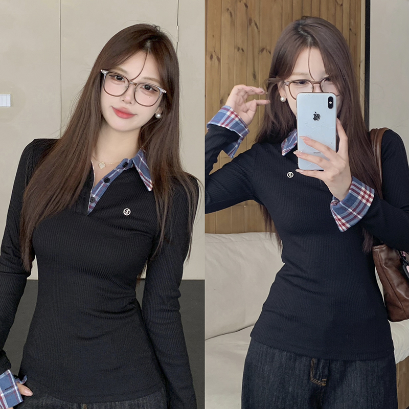 2024 Fat Sister fake two-piece plaid contrasting color bottoming shirt polo sweater long-sleeved top autumn and winter bottoming