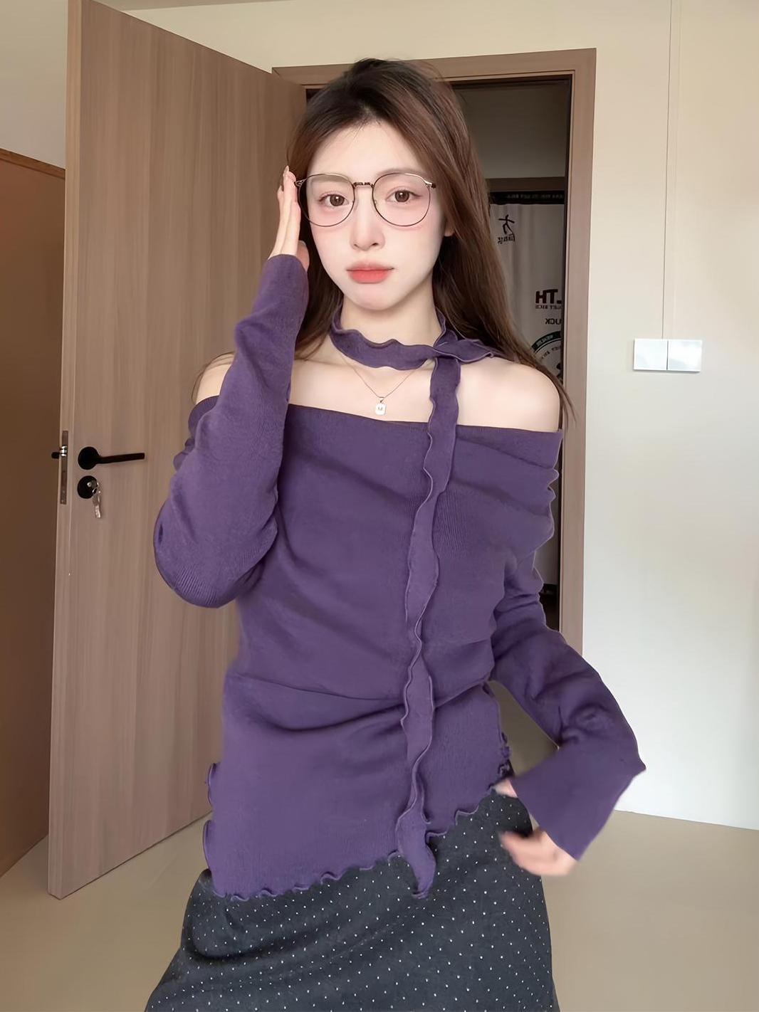 KUMAYES Purple Bowknot Flared Neck Lace Trim Slimming Knit Top Women's Chic Slimming Underwear Pullover Top Autumn 