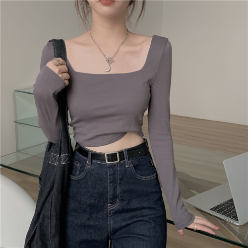 #squareneck short top women's autumn new slim fit bottoming shirt long sleeve T-shirt for women