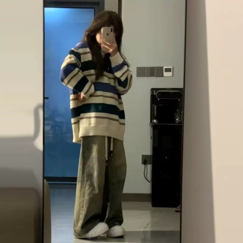 Japanese retro striped soft waxy sweater for women in autumn loose college style advanced relaxed casual knitted top fashion