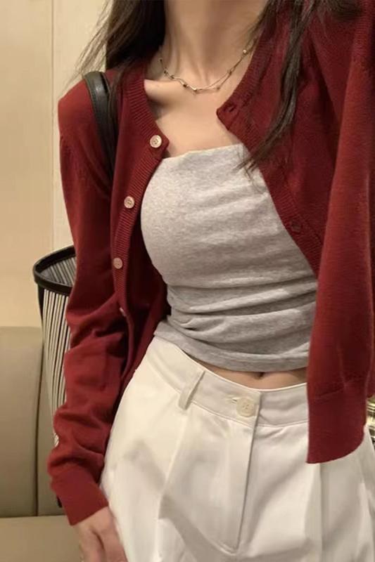 Red knitted cardigan early autumn women's new style outer short sweater jacket long-sleeved top bottoming shirt
