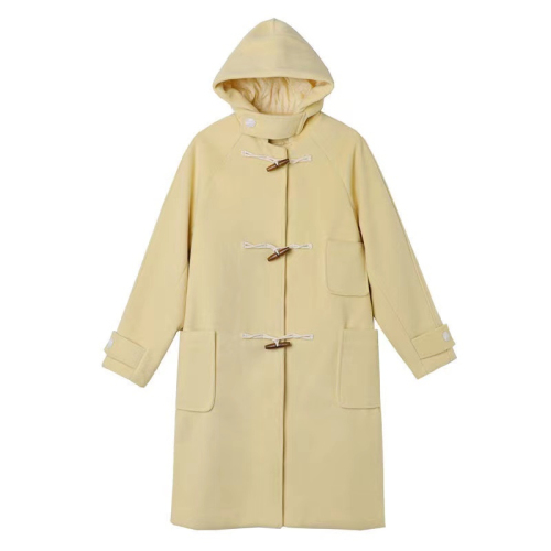 2024 Autumn and Winter New Thick Woolen Coat Women's Mid-Length Hooded Horn Button Woolen Coat