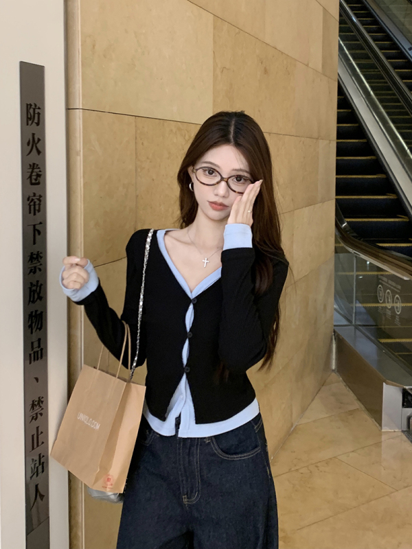 Spliced ​​fake two-piece V-neck long-sleeved T-shirt for women, Korean style slimming, age-reducing and chic top for autumn