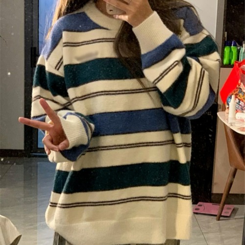 Japanese retro striped soft waxy sweater for women in autumn loose college style advanced relaxed casual knitted top fashion