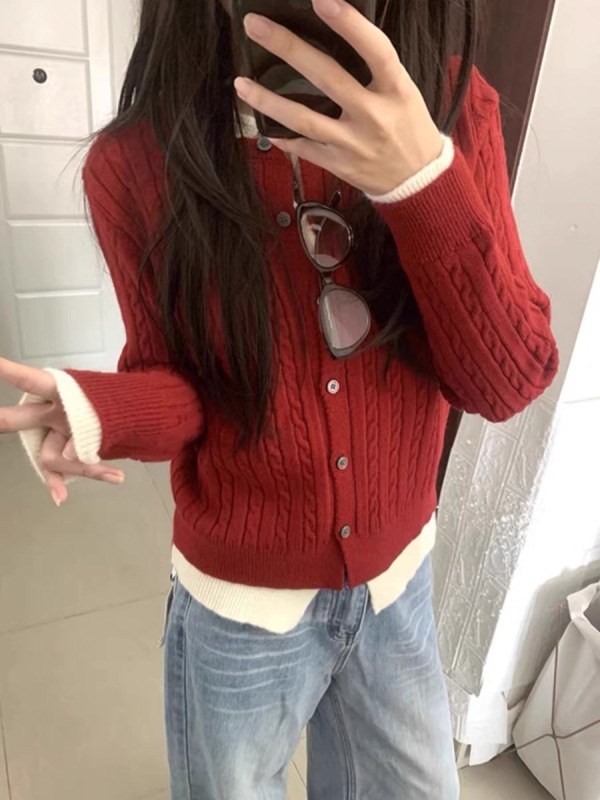 College style fake two piece twist knitted cardigan early autumn new style lazy style short sweater jacket top