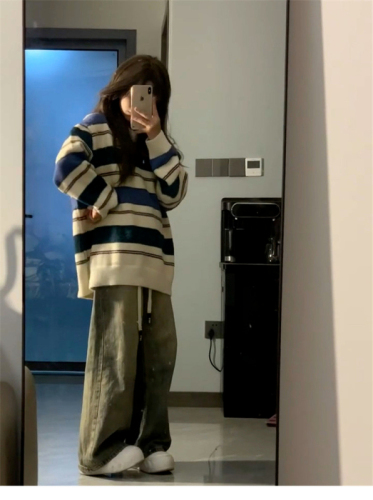 Japanese retro striped soft waxy sweater for women in autumn loose college style advanced relaxed casual knitted top fashion