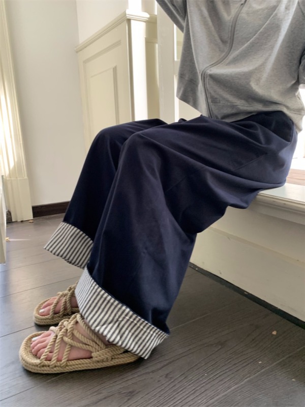 Autumn new ins style contrast striped curled Yamamoto pants loose casual elastic waist wide leg casual pants