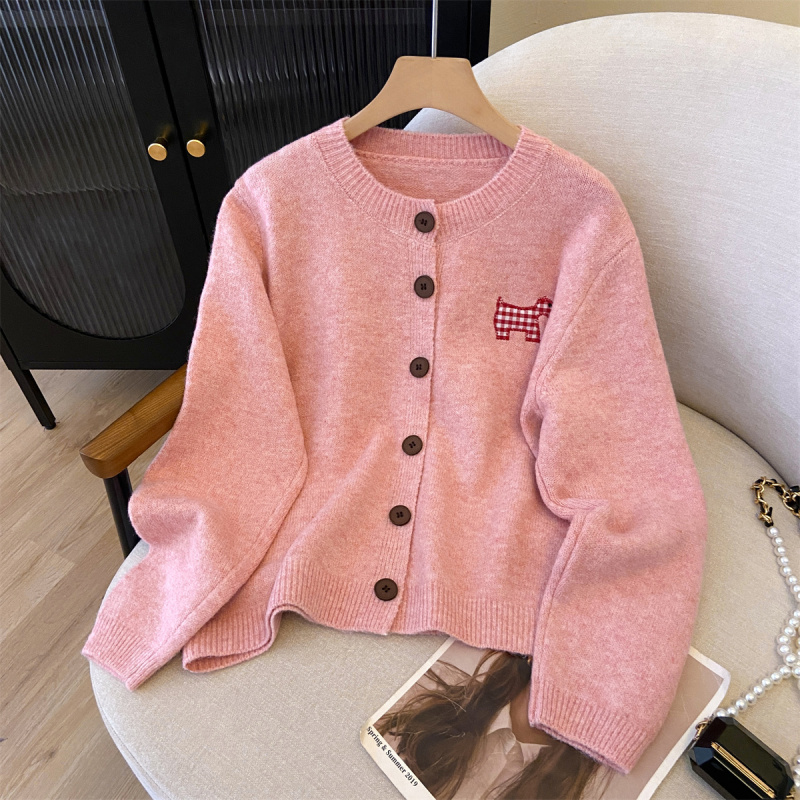 Age-reducing puppy patchwork round-neck sweater cardigan coat for women, warm, soft, waxy, loose and versatile autumn top