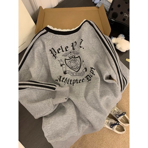 2024 new heavyweight high-count high-density cotton Korean jersey style casual sweatshirt for women with lace trim and contrasting color long-sleeved tops