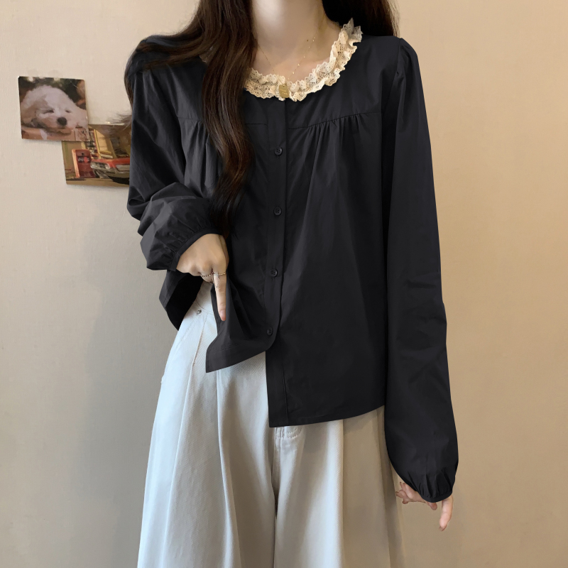 Plus size fat girl autumn and winter new design fashionable single-breasted simple lace collar versatile shirt for women