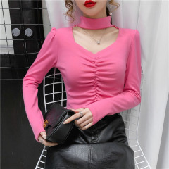 Thick design, fashionable slimming V-neck pleated inner and outer bottoming shirt long-sleeved T-shirt